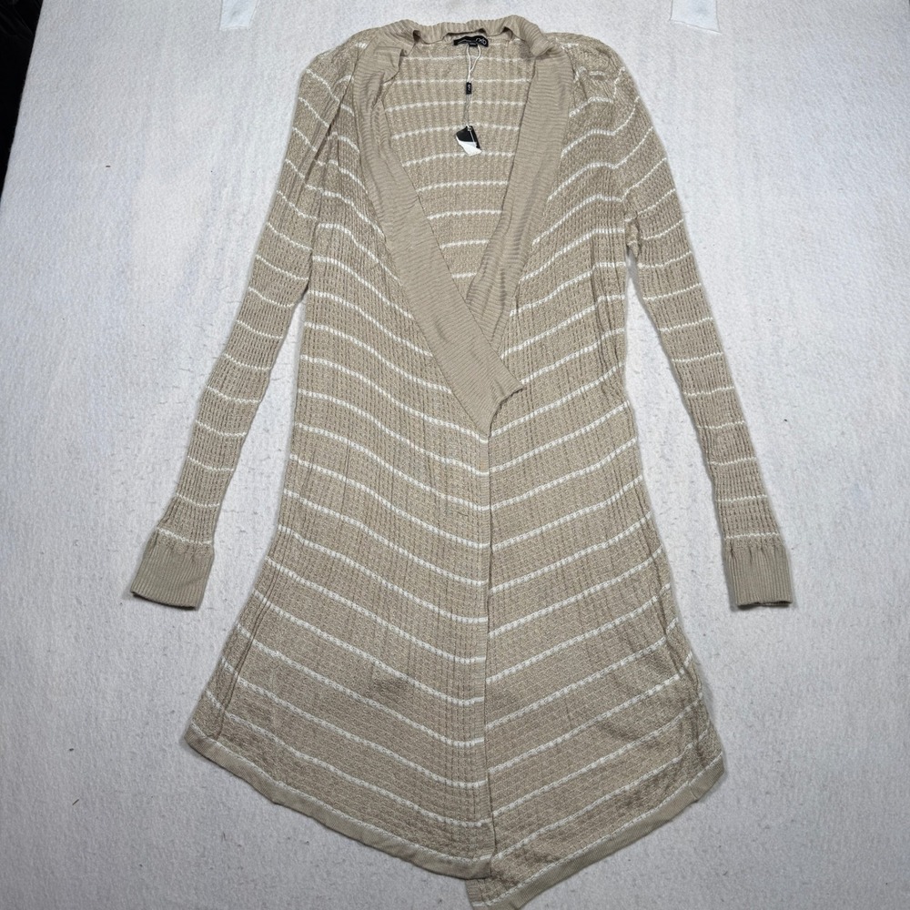 RXB Womens Tan Striped Open Front Cardigan Sweater Sharkbite Hem Size L 44613X